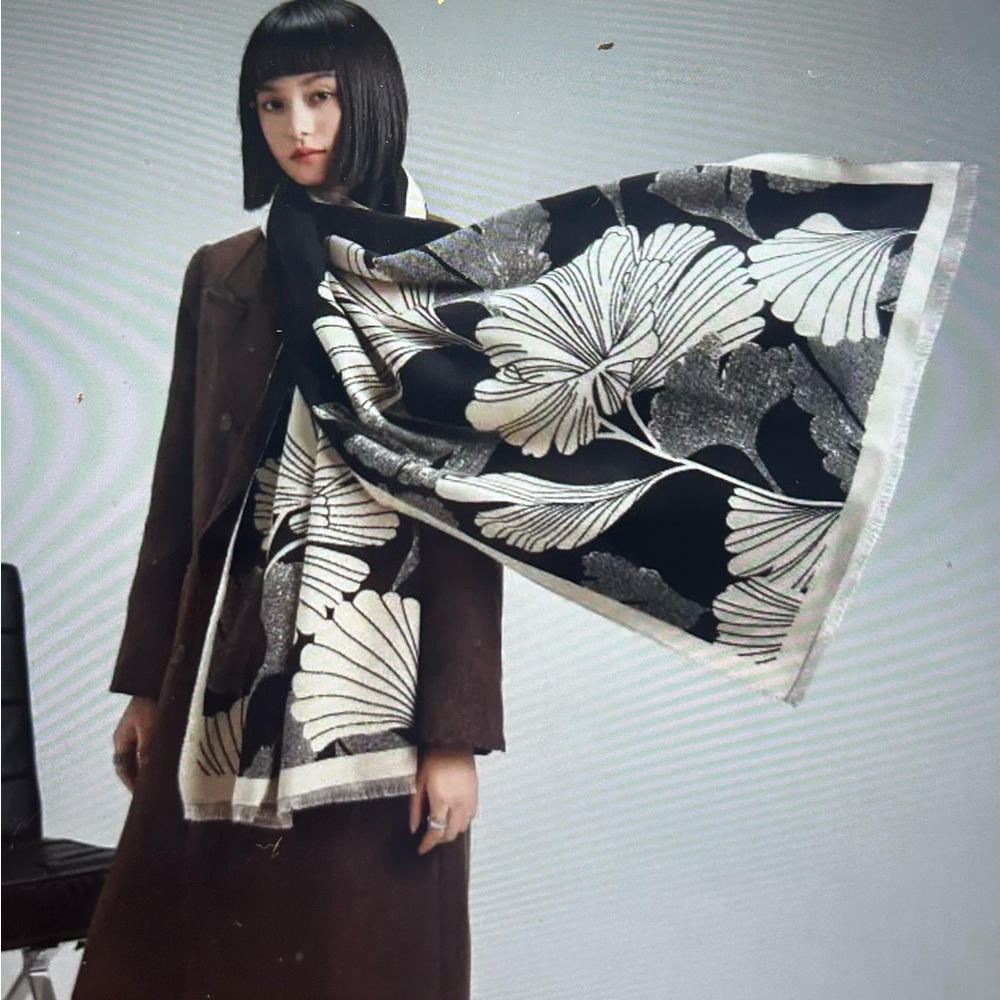 Black & Cream Large Ginkgo Reversible Scarf by Winding River